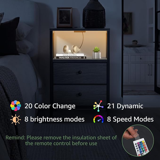 BOLUO Gray Nightstand with Charging Station, LED Night Stand with 2 Fabric Drawers, Bedside Table with USB Ports and Outlets, Nightstand for Bedroom Modern