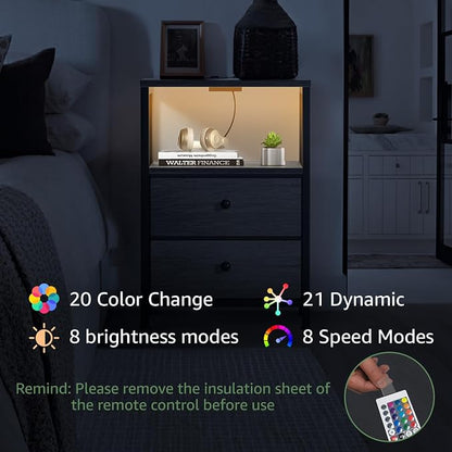 BOLUO Grey Nightstands Set of 2, Bedroom Night Stand Set Two Nightstand with Charging Station and LED Light, Bedside Table with 2 Fabric Drawers Grey