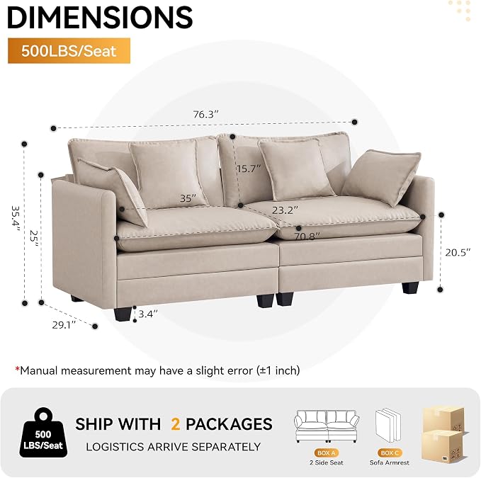 76'' Cloud Deep Seat Loveseat, Upholstered Leather Modular 2-Seats Sectional Sofa Couch, Modern Comfy Settee Loveseat for Living Room Set, Small Apartment, Leather Beige