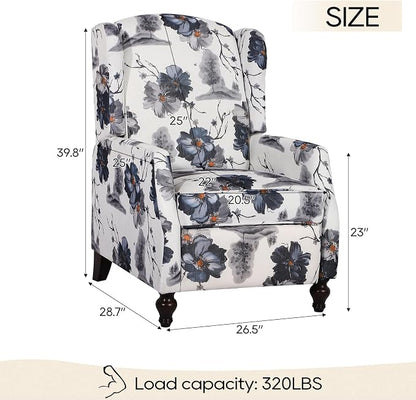 Upholstered Wingback Recliner Chair, Mid Century Modern Manual Push Back Recliner for Living Room, Bedroom (1, Blue Floral)