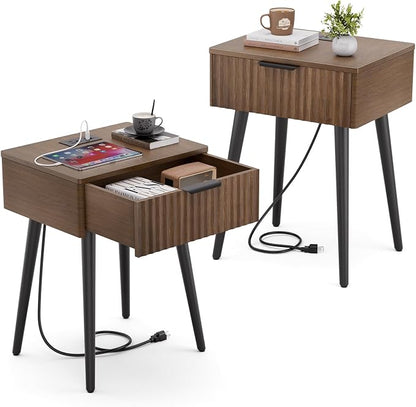 HAIOOU Fluted Mid Century Modern Nightstands Set of 2 with Charging Station, Modern Bedside Tables with Storage Drawer, Solid Wood Legs, End Tables for Bedroom Living Room