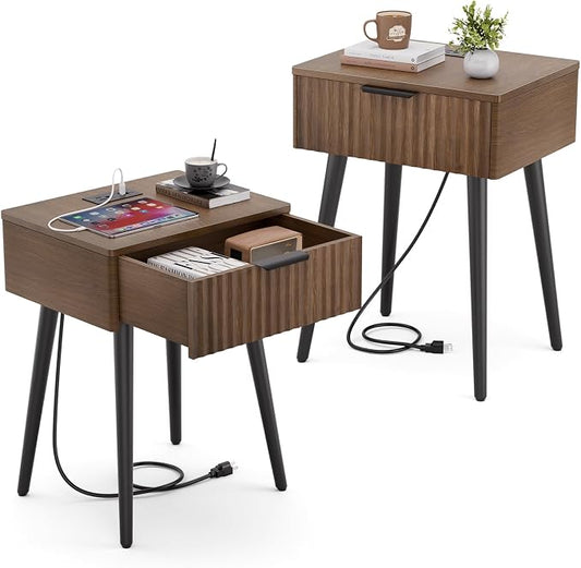 HAIOOU Fluted Mid Century Modern Nightstands Set of 2 with Charging Station, Modern Bedside Tables with Storage Drawer, Solid Wood Legs, End Tables for Bedroom Living Room
