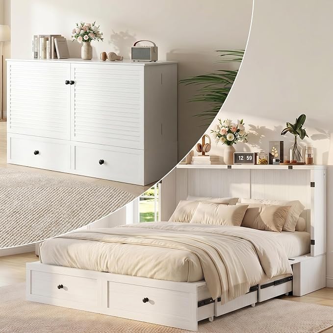 PUREMIND Queen Murphy Bed with Mattress Included, Multi-Functional Hideaway Cabinet Bed with Storage Drawer, USB Charging Port and Folding Bedside Panel, Space Saving Chest Beds Wallbed for Guest Room