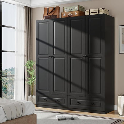 Armoire Wardrobe Closet with Drawers: 74" Black Tall Wooden Wardrobe Closet for Hanging Clothes, Large Bedroom Armoires with 2 Drawers, 4 Door Armoire Storage Cabinet (Black, 63")