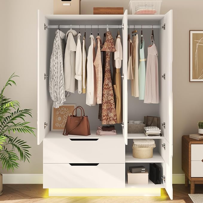 Hlivelood 3 Doors Armoire Wardrobe Closet with Mirror,2 Large Drawers, LED Light Wood Wardrobe Closet, Armoire with Hanging Rod for Bedroom, White