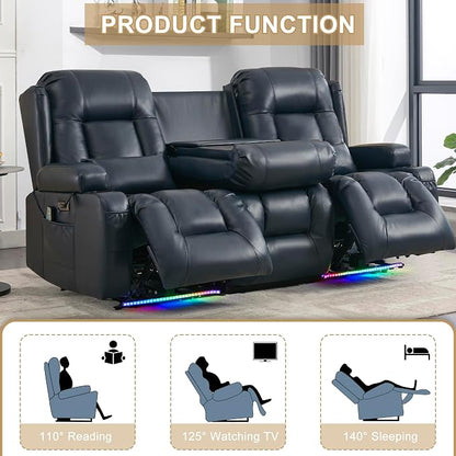 URRED Power Loveseat Recliner Sofa with Massage and Heat, Wall Hugger Reclining Loveseat with Console, RV Couch Home Theater Seating with LED Lights for Living Room (Dark Blue, 76.8" - 3 Seats)