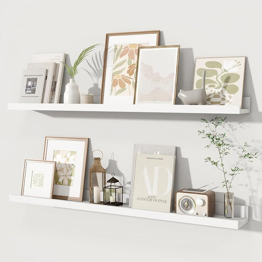 Fun Memories Picture Ledge Shelves Set of 2, 36 Inch Rustic Wall Mounted Floating Shelves with Lip for Home Storage and Décor in Bathroom, Kitchen, Nursery, Bedroom, Living Room, White