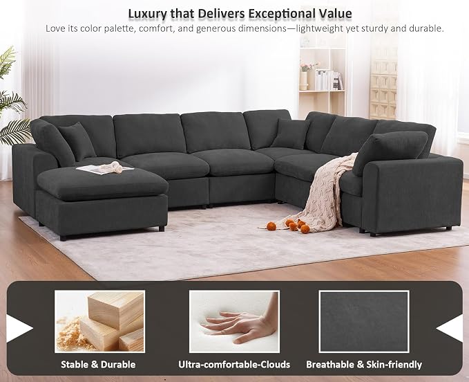 Oversized Modular Sectional Sofa Couch for Living Room, Dark Gray | Large 7 Seater Corner Sofa | Modern U Shaped Sectional | with Ottoman | Spacious Space | Comfy Chenille | for Large Families