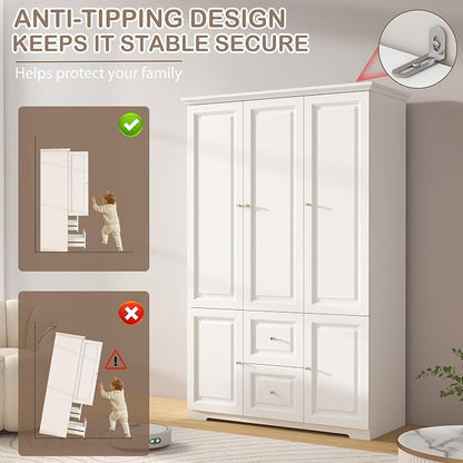 Armoire Wardrobe Closet with Drawers: 74" White Wardrobe Closet with 3 Doors, Tall Bedroom Armoires for Clothes, Wood Closets Cabinet for Hanging Clothes (47")