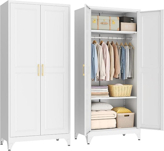 SteeLoong Metal Wardrobe Cabinet with Hanging Rod, 71" Tall Armoire Wardrobe Closet with 2 Doors and Adjustable Shelves, White Clothing Storage Cabinets for Bedroom, Laundry Room, Cloak Room