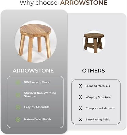 ARROWSTONE Round Stool Acacia Wood, 12" Height, 11" Round Top, Backless, Easy Assembly, Natural Wax Finish, Wooden Stool for Plant, Dining Room, Living Room, Garden, Makeup