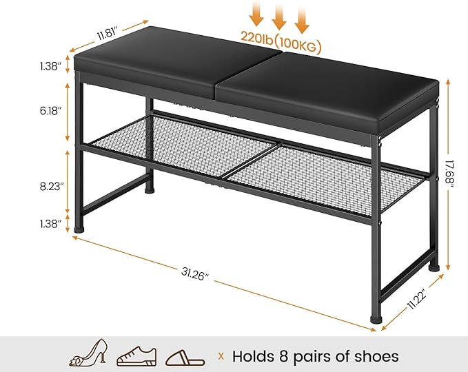 DAOUTIME Shoe Rack Bench, 2-Tier Shoe Storage Organizer with PU Seat Cushion, Entryway Bench with Height-Adjustable Metal Mesh Shelves, Modern Bench Seat for Bedroom Living Room Hallway Foyer, Black