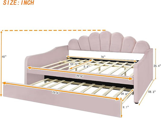 Ball & Cast Full Size Daybed with Trundle,Velvet Upholstered Day Bed Frame Full with Shall Shaped Backrest and Wood Slat Support,No Box Spring Needed,Pink