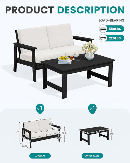 SERWALL Outdoor Loveseat, Black Frame and Khaki Cushion