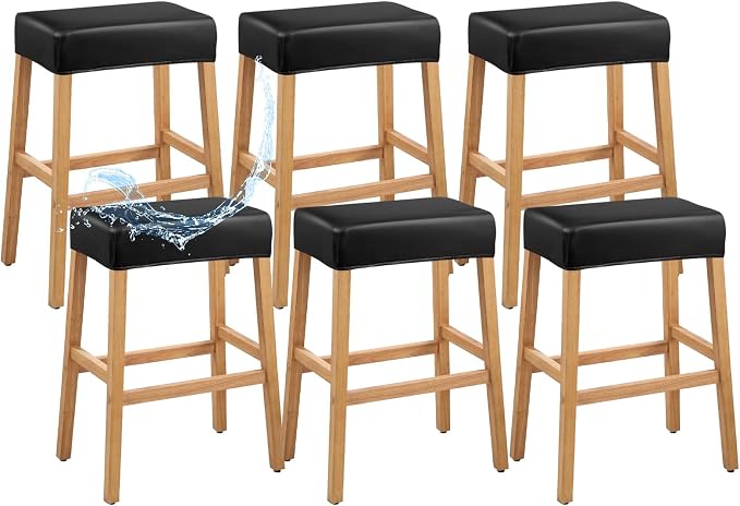 PU Leather Bar Stool Covers Rectangular, 100% Waterproof Stool Covers Rectangle Super Stretch 20% Thicker Leather Saddle Stools Cover Rectangular Counter Bar Stools with Elastic Band (6 PCS, Black)