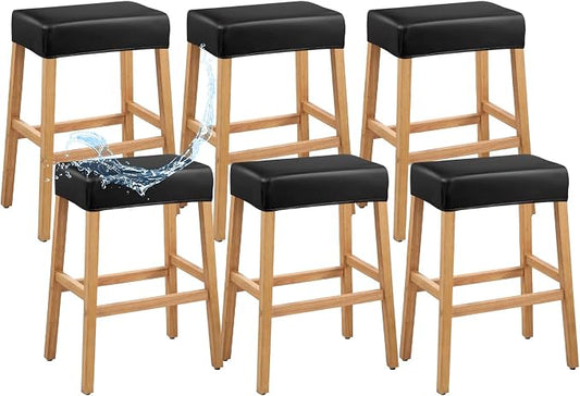 PU Leather Bar Stool Covers Rectangular, 100% Waterproof Stool Covers Rectangle Super Stretch 20% Thicker Leather Saddle Stools Cover Rectangular Counter Bar Stools with Elastic Band (6 PCS, Black)