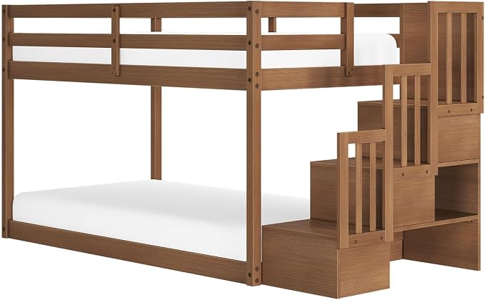 Grain & Grove Bear Twin Over Twin Low Bunk Bed with Staircase, Solid Guardrails, Reversible Stairs, Engineered Wood, Oak Embossed Pecan