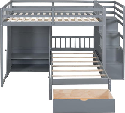 Merax Full Over Twin Bunk Bed with Wardrobe and Drawers, Gray