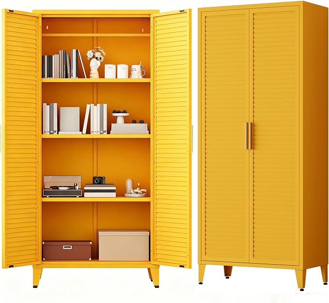 61 "H Yellow Metal Cutlery Cabinet with Door Freestanding Kitchen Cabinet with 3 Adjustable Shelf Side Panels, Suitable for Kitchen, Living Room, Dining Room Metal Cabinet,Requires Assembly
