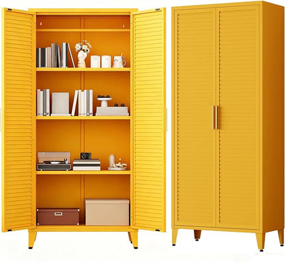 61 "H Yellow Metal Cutlery Cabinet with Door Freestanding Kitchen Cabinet with 3 Adjustable Shelf Side Panels, Suitable for Kitchen, Living Room, Dining Room Metal Cabinet,Requires Assembly