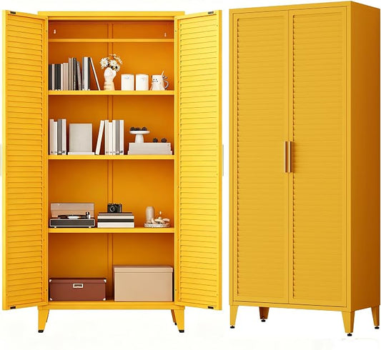 61 "H Yellow Metal Cutlery Cabinet with Door Freestanding Kitchen Cabinet with 3 Adjustable Shelf Side Panels, Suitable for Kitchen, Living Room, Dining Room Metal Cabinet,Requires Assembly