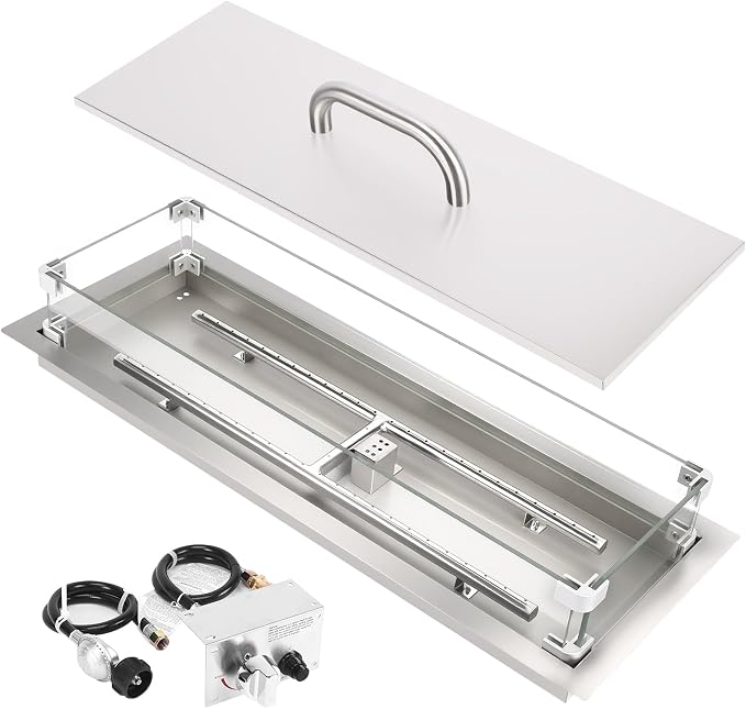 Hisencn 30 x 10 Inch Drop-in Fire Pit Kit, Premium Stainless Steel Modern Fire Trough with Tempered Glass Wind Guard, Built-in Outdoor Table Flame Feature for Patio, Backyard & Entertaining