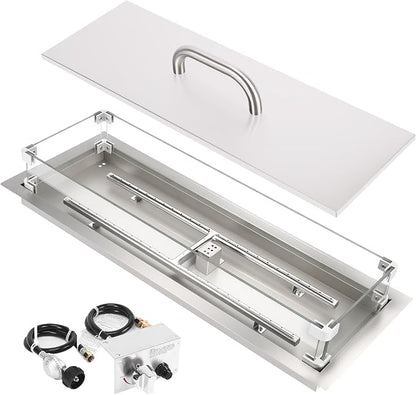 Hisencn 30 x 10 Inch Drop-in Fire Pit Kit, Premium Stainless Steel Modern Fire Trough with Tempered Glass Wind Guard, Built-in Outdoor Table Flame Feature for Patio, Backyard & Entertaining