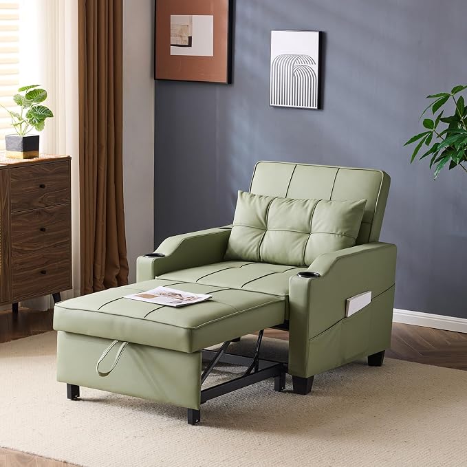 VINGLI Sofa Bed Chair Recliner, 3-in-1 Convertible Sleeper Sofa Chair Bed Green Daybed Pull Out Couch with Adjustable Backrest, USB Ports, Cup Holders for Small Spaces Living Room