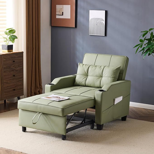 VINGLI Sofa Bed Chair Recliner, 3-in-1 Convertible Sleeper Sofa Chair Bed Green Daybed Pull Out Couch with Adjustable Backrest, USB Ports, Cup Holders for Small Spaces Living Room