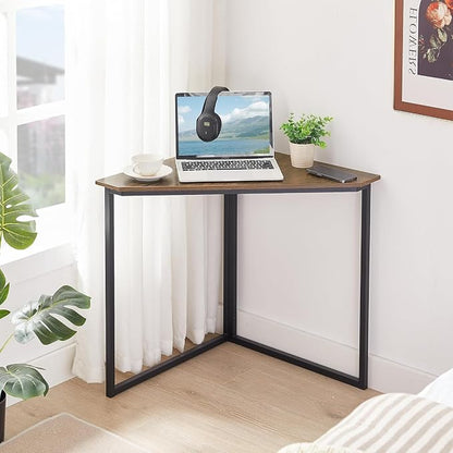 VECELO Corner Desk,Office Tables for Living Room for Small Space Triangle Computer Desk with Steel Frame Corner Shelves with Metal Frame Writing Desk for Workstation Rustic Brown 33.1" 2 Set
