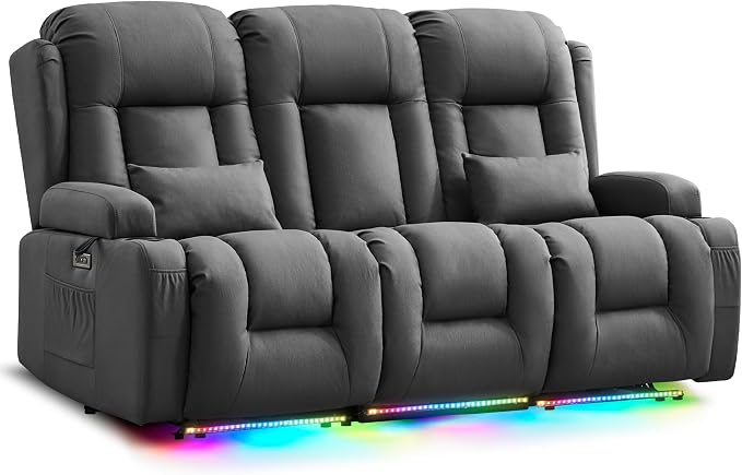 URRED Power Loveseat Recliner Sofa with Massage and Heat, Wall Hugger Reclining Loveseat with Console, RV Couch Home Theater Seating with LED Lights for Living Room (Gray, 76.8" - 3 Seats)