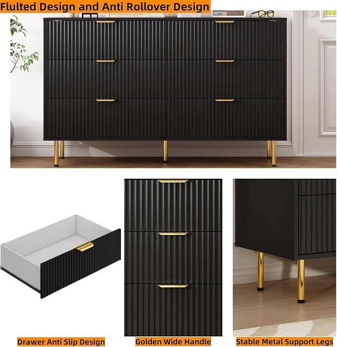Fluted Black 6 Drawers Dresser for Bedroom, 56 inch Wide Chest of Drawer Dressers with Gold Handle, Modern Wooden Closet Clothes Storage Organizer Cabinet Table Dresser for Living Room