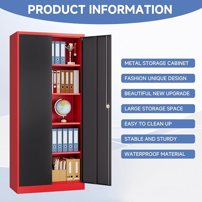 72 Inch Metal Cabinet,Lockable Storage Cabinet with 2 Doors and 4 Adjustbale Shelves,Tall Tool Cabinet Cabinet for Garage,Basement,Home Office,Gym(Red & Black)