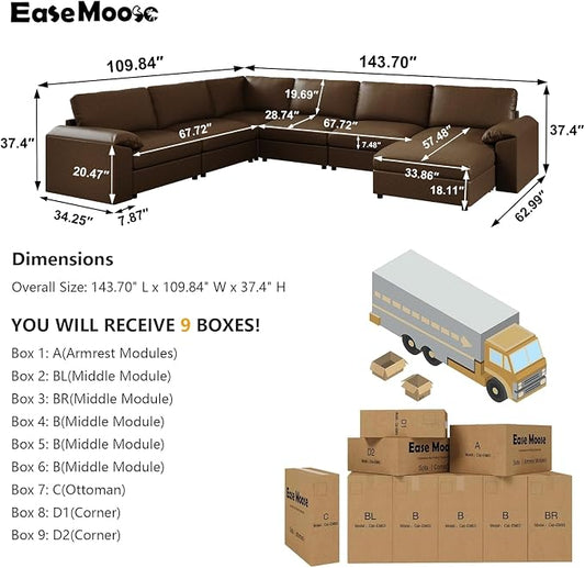 EASE MOOSE Faux Leather Sectional with Ottoman,Oversized Modular Couch,Vintage Modular Sectional Sofa with Deep Seat,Scratch Resistant Faux Leather Material,U Shaped Couch for Big Spaces,Deep Brown