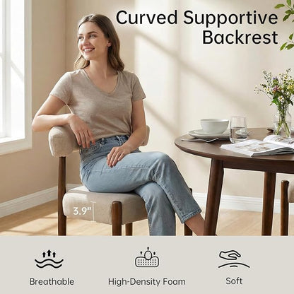 VKNOW Wooden Dining Chairs Set of 6, Modern Upholstered Dining Room Chairs with Walnut Wood Legs and Curved Backrest, Fabric Kitchen Chairs for Farmhouse/Living Room/Dining Room, Beige