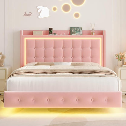 Keyluv Full Floating Bed Frame with Storage Headboard, LED Lights & Charging Station Platform Bed, Soft Upholstered Velvet, USB/Type-C Ports, Easy Assembly, Pink