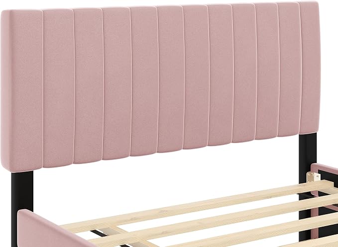 Bellemave Full Bed Frame with Trundle Bed,Velvet Upholstered Platform Bed Frame,Full Size Trundle Bed with Headboard for Kids Teens Adults(Pink)