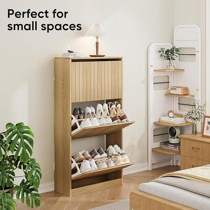Shoe Storage Cabinet with Vertical Groove Doors 3 Flip Drawers, Narrow Shoe Cabinet Storage for Entryway, Shoe Organizer Cabinet, Slim Shoe Rack Cabinet (Oak)