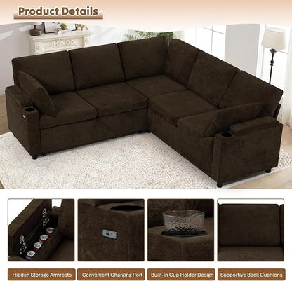 85" Chenille Sectional Sofa w/Pull Out Bed & Storage Space, Brown | Upholstery L Shaped Couch w/Cup Holders, Modern Corner Sofa w/USB Charging Port & Throw Pillow for Living Room