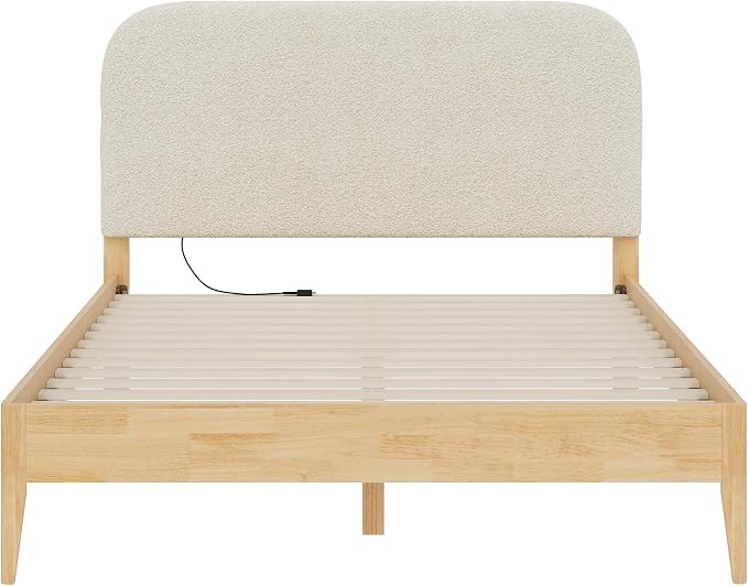 KISLOT Wood Bed Frame with USB & Type-C Charging, Boucle Platform Bed with Upholstered Headboard Mattress Foundation No Box Spring Needed Easy Assembly