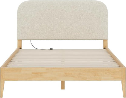 KISLOT Wood Bed Frame with USB & Type-C Charging, Boucle Platform Bed with Upholstered Headboard Mattress Foundation No Box Spring Needed Easy Assembly