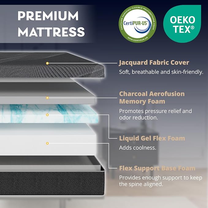 Dyonery Queen Adjustable Bed Base Frame with Wireless Remote + 12 Inch Queen Gel Memory Foam Mattress Bed in a Box, Head and Foot Incline, Zero Gravity, Fiberglass Free, 80" × 60"