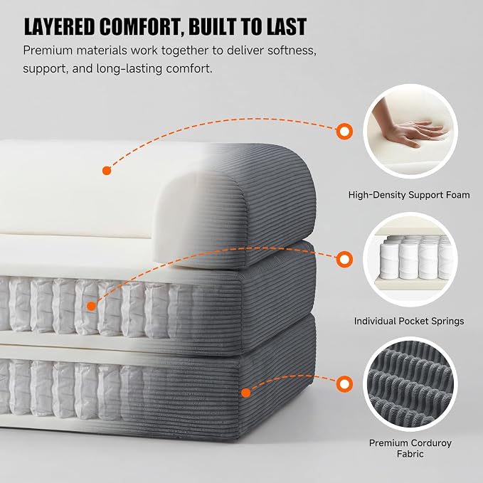 79" Convertible Sleeper Sofa Bed, Corduroy Boneless Fold-Out Couch in a Box, 4-in-1 Loveseat/Futon Couch, High-Density Foam, No Assembly, Side Pockets, 2 Pillows for Small Spaces, Dark Grey
