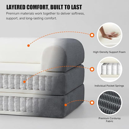 79" Convertible Sleeper Sofa Bed, Corduroy Boneless Fold-Out Couch in a Box, 4-in-1 Loveseat/Futon Couch, High-Density Foam, No Assembly, Side Pockets, 2 Pillows for Small Spaces, Dark Grey