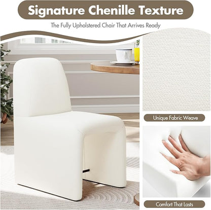Hyfirm Upholstered Dining Chairs Set of 4, Modern Armless Desk Chair with Metal Footrest for Diningroom Bedroom Livingroom Reading Room,White Fabric