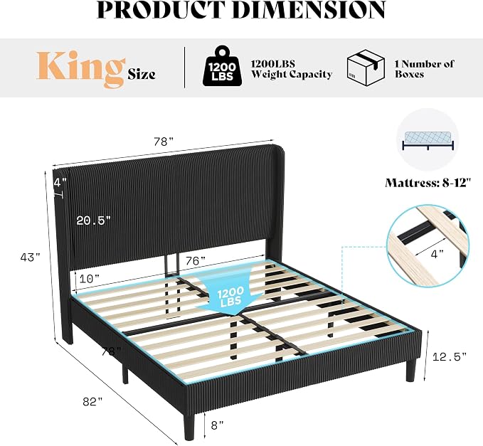 AMERLIFE King Bed Frame, Upholstered Platform Bed with Corduroy Headboard, Easy Assembly Modern Black Bed Frame with Wooden Slats Support, No Box Spring Needed