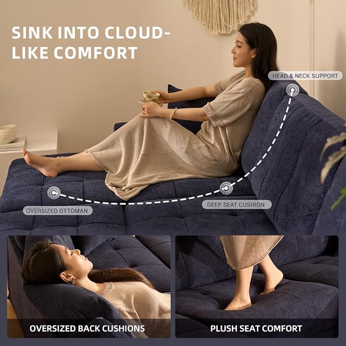 112" U Shaped Modular Cloud Sectional Couch, Waffle Fabric, Navy | Modular Deep Seat Sofa, Movable Ottoman, Pocket Spring Cushions, 2-Box Delivery, Living Room Lounge Use, Not Boneless