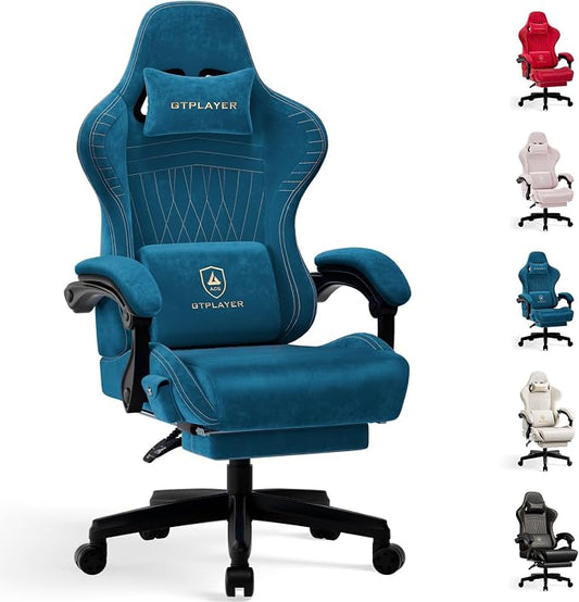 GTPLAYER Gaming Chair with Speakers, Video Game Chairs with Footrest, PC Gamer Chairs for Adults - Padded High Back Ergonomic Reclining Silla Gamer, Linkage Armrest, Ace Pro, Blue (Velvet)