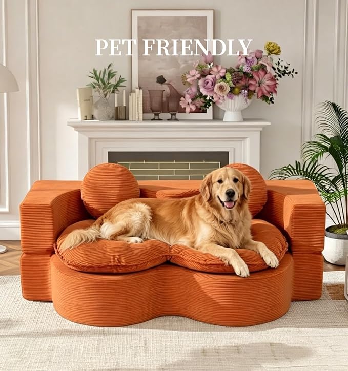 75” Full Size Convertible Sleeper Sofa Bed, Boneless Folding Futon Loveseat Sofa with 2 Pillows, High Density Foam Compressed Foldable Guest Couch for Living Room Apartment (Orange Corduroy)