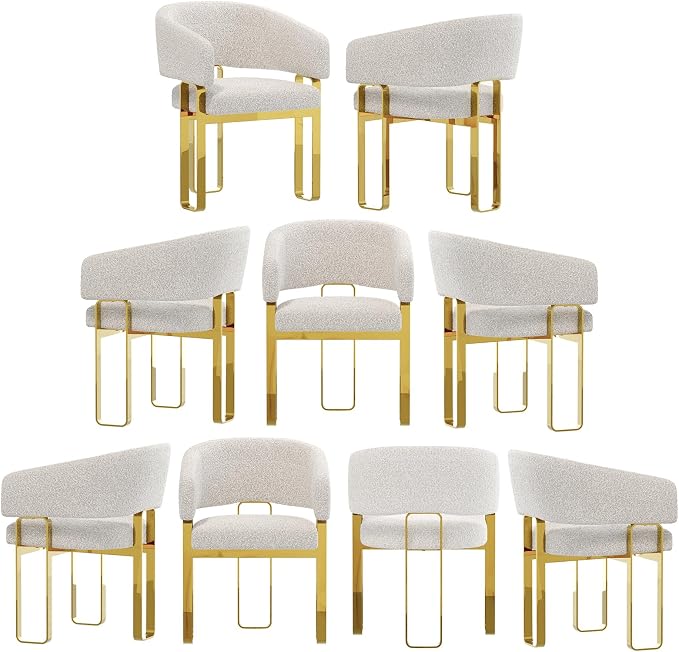 Boucle Dining Chairs Set of 9, White Barrel Dining Chairs with Arms and U-Shaped Mirrored Gold Legs, Modern Side Chairs for Dining Table, Kitchen and Dining Room Restaurant Recepition